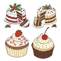 Cake, caramel, cupcake, macaron, ice cream, strawberries and cream, croissant, Sweet food. 3d vector icon set. Cake, ice cream, panna cotta, bubble tea, donut, cup of coffee, chocolate, candy