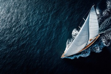 Aerial View of Sailing Yacht on Deep Blue Ocean Waters with White Sails and Waves Capturing Adventure and Freedom in the Open Sea