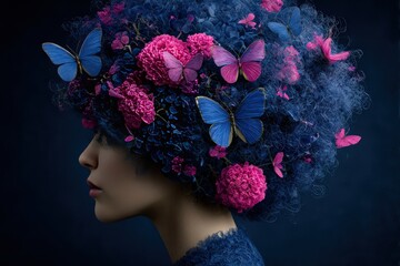 Artistic Profile of Woman with Blue Hair Adorned with Butterflies and Flowers, Set Against Dark Background