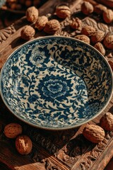 Rustic Vintage Bowl with Blue Floral Design Surrounded by Walnuts in Natural Light Setting