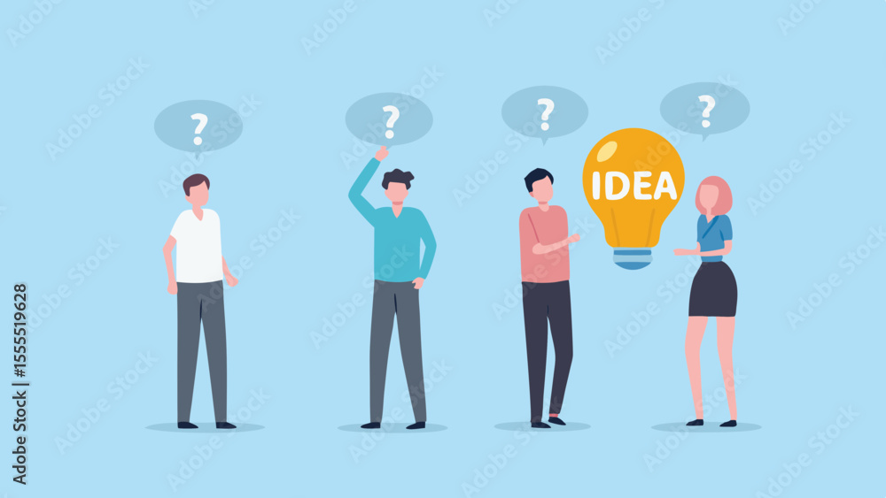 Aufkleber team brainstorming and finding a bright idea with a lightbulb concept