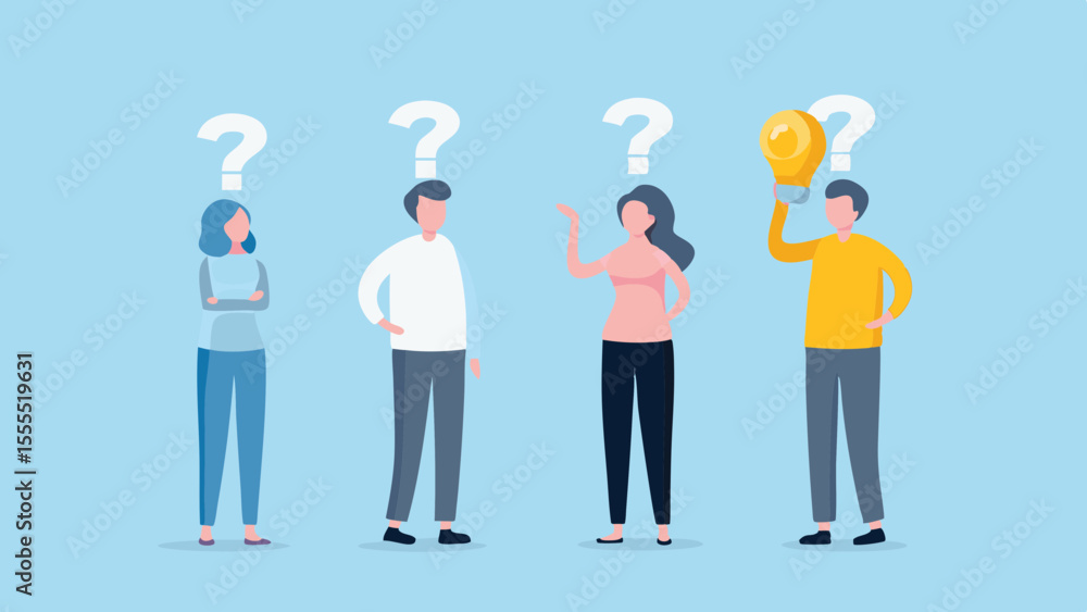 Poster one person has a bright idea while others are confused with question marks above their heads