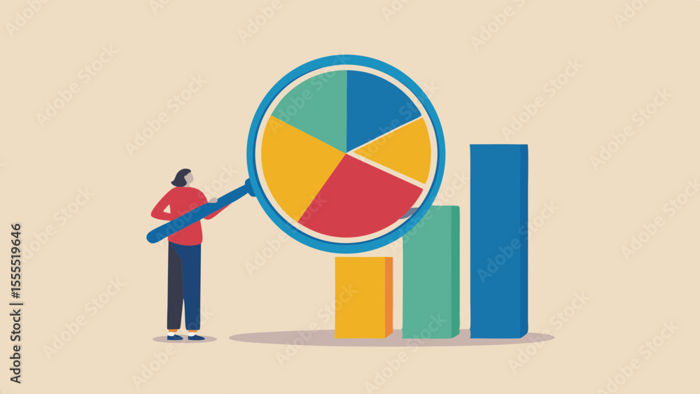 Poster person analyzing pie chart and bar graph with magnifying glass for data insights