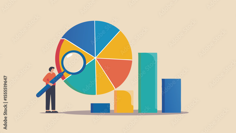 Poster person examining pie chart and bar graph with magnifying glass for data analysis