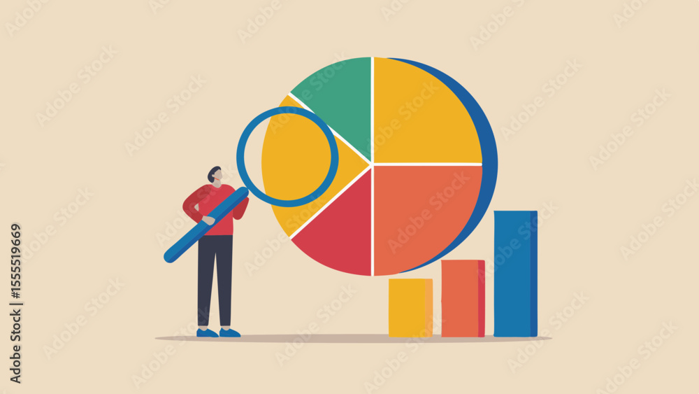 Poster person examining pie chart and bar graph with magnifying glass for data analysis