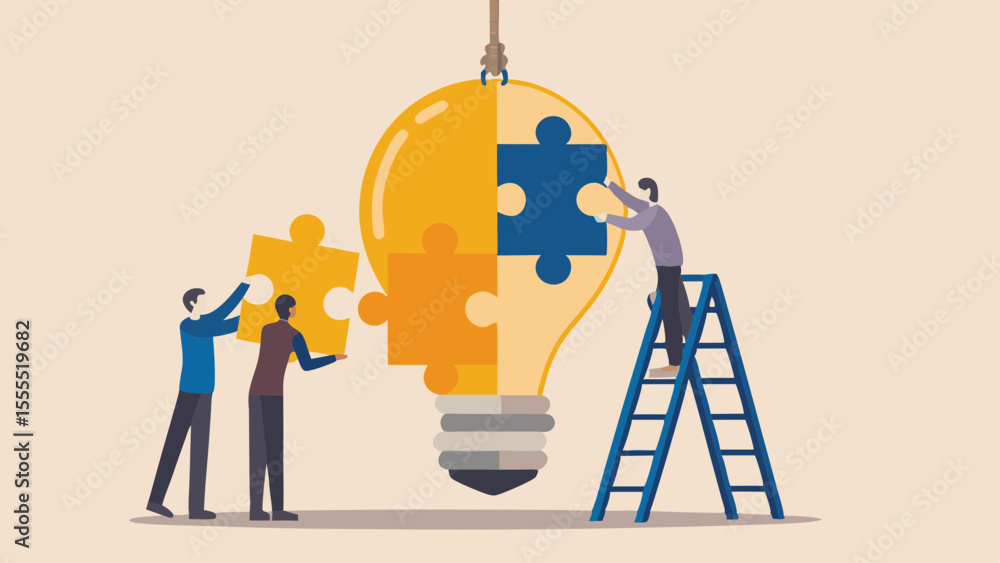 Poster teamwork assembling a lightbulb made of puzzle pieces symbolizing a shared idea