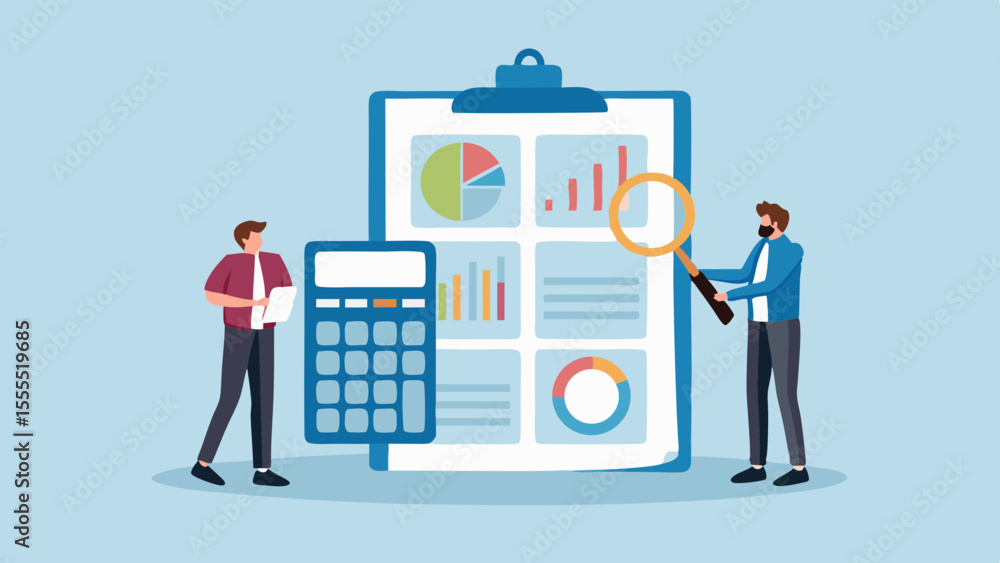 Poster two men analyzing financial data charts and graphs on a clipboard with calculator