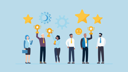 Diverse group of business people celebrating success holding trophies and stars