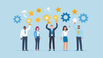 Diverse team celebrating success holding trophies and stars with gears and emojis