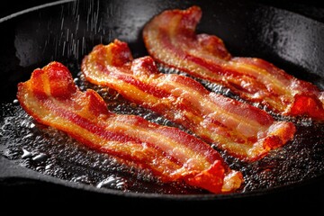 Crispy Bacon Sizzling in Cast Iron Pan - Perfect Breakfast or Brunch Delight with Golden Brown Texture and Hickory Smoked Flavor