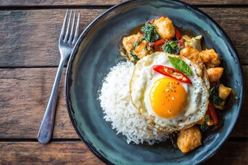 Delicious Asian Fusion Breakfast with Fried Egg, Rice, and Vegetables Presented on Rustic Wooden Table for a Tasteful Culinary Experience