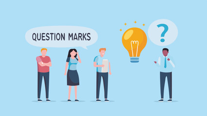 Diverse group of people contemplating a bright idea and asking questions