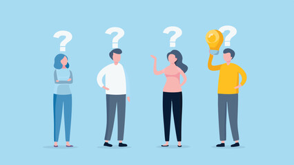 One person has a bright idea while others are confused with question marks above their heads