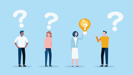 Diverse group of people with question marks and one person holding a bright idea lightbulb