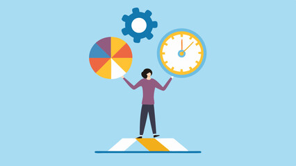 Person balancing a pie chart and clock with a gear in the background