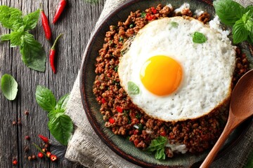 Delicious spicy Asian minced meat stir-fry topped with a fried egg and garnished with fresh herbs