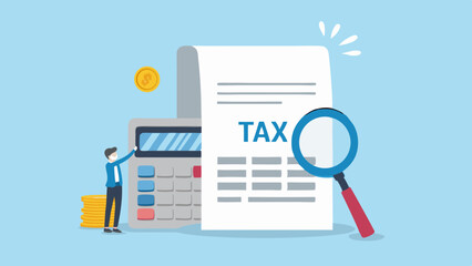 Man using calculator and magnifying glass to examine tax document with coins