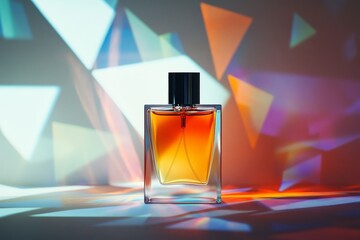 Amber perfume bottle in geometric light.