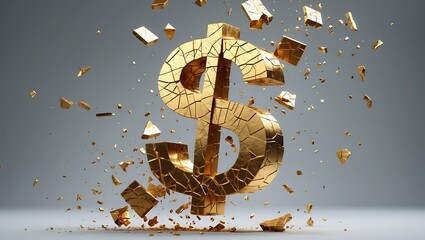 Gold dollar sign explodes into sharp fragments on impact, suspended mid-air over a gray backdrop. Symbol of economic collapse. Ultra-detailed, high contrast, 3D rendered, dramatic mood