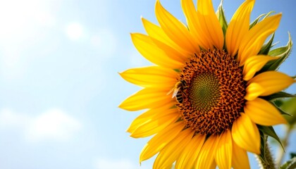 Obraz premium a bee collecting pollen from a bright sunflower in the right half of the image, left side shows soft sky with subtle sun flares, 16:9 composition with text space, high detail insect focus