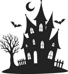 Haunted House Silhouette with Bats and Tree – Halloween Spooky Clipart Design