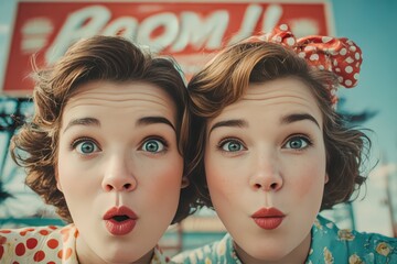 Charming Retro-Themed Twin Sisters Expressing Surprise in Vintage 1950s Attire by a Refined Classic Billboard