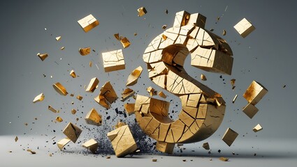 Gold dollar sign explodes into sharp fragments on impact, suspended mid-air over a gray backdrop. Symbol of economic collapse. Ultra-detailed, high contrast, 3D rendered, dramatic mood