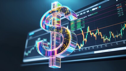 A glitching holographic dollar sign floats before a futuristic market screen, neon reflections flicker, symbolizing unstable digital finance. Cinematic, wide-angle, sci-fi style