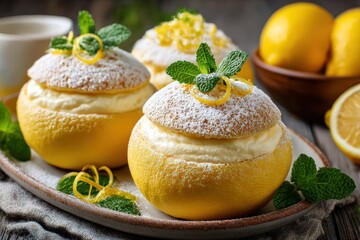 Delicious Lemon Dessert with Powdered Sugar and Mint Garnish on Rustic Plate – Perfect for Food Photography and Culinary Blogs
