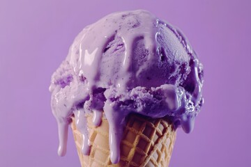 Close-up of a melting scoop of purple ice cream in a waffle cone.