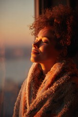Serene Portrait of Content Woman Enjoying Tranquil Sunset Light by Window in Cozy Knit Blanket, Embracing Peaceful Solitude and Warmth of Golden Hour Indoors for Mindful Relaxation