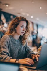 Focused woman working on laptop in cozy café, embracing a productive atmosphere with a relaxed, casual look