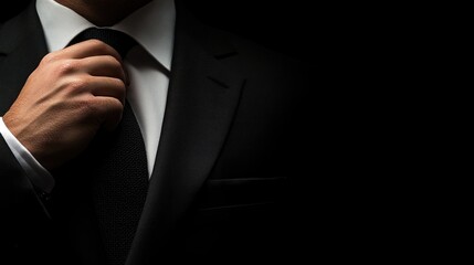Man Adjusting Tie in Black Suit, Dark Background