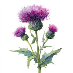 A single watercolor brilliant Scottish thistle with purple flowers