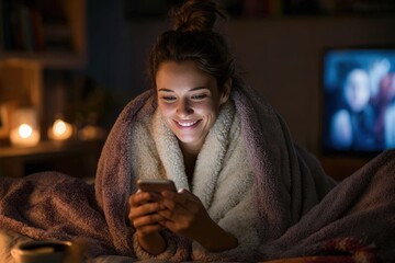 Cozy Winter Evening: Woman Relaxing on Bed with Smartphone, Wrapped in Warm Blankets and Glowing Candlelight Ambiance