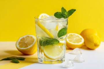 Fototapeta premium Lemonade with mint and ice in a glass accompanied by lemons and ice chunks against a yellow backdrop