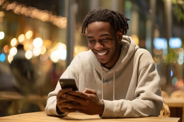 Smiling young man enjoying a moment while using his smartphone in a cozy cafe with warm bokeh lights in the background