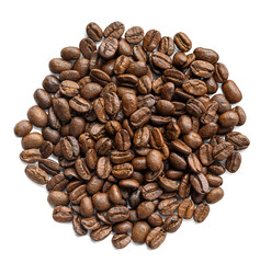 Round heap of roasted coffee beans top view isolated. Fried coffee beans. Group of roasted coffee beans pile isolated	