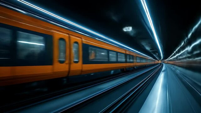 Orange Train in Motion Through a Blue and Black Tunnel Creating Light Streaks Through the Air