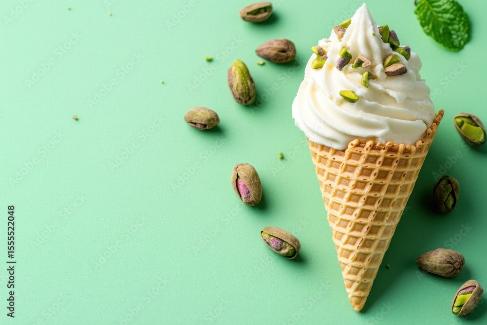 Poster a top view of a waffle cone filled with soft serve ice cream and pistachios on a light green backgro