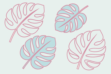Monstera leaves vector illustration with pink outlines and subtle pastel color palette