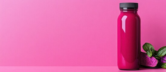 Bottle of pink smoothie with black lid and dragon fruit on pink background for healthy lifestyle concept