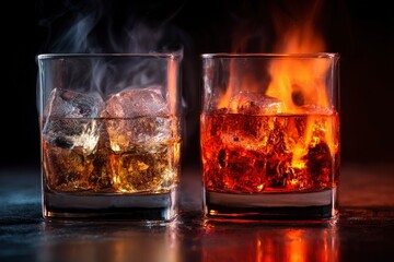 Two glasses of whiskey on the rocks one emitting smoke the other appearing to be on fire