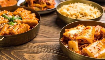 selective focus of traditional kimchi and topokki near tasty korean dishes on wooden surface. 