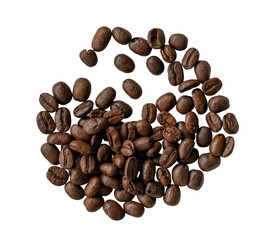 Round heap of roasted coffee beans top view isolated. Fried coffee beans. Group of roasted coffee...