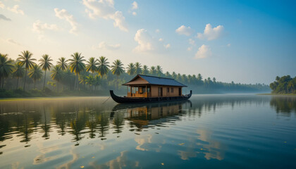 Fototapeta premium A tranquil houseboat rests on a calm lagoon, surrounded by lush palm trees and a misty sunrise. The scene is peaceful and idyllic, reflecting the beauty of tropical nature.