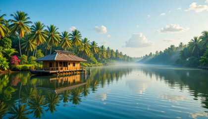 Fototapeta premium A tranquil scene of a wooden house floating serenely on a calm river, surrounded by lush tropical foliage and palm trees under a clear sunrise sky.