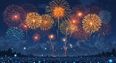 Anime Style Night Sky with Spectacular Fireworks and Glowing Ground Lights