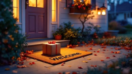 Warm Welcome Autumn Gift on Doormat by Cozy House Entrance Decorated for Fall Season Outdoors