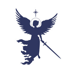 Fantasy woman angel warrior with wings, Warlike girl goddess. Lady elf holding sword in hand.